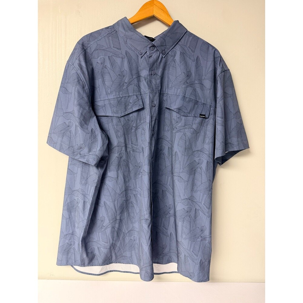 Hurley Floral Utility Shirt Mens XXL Blue Gray Leaf Print Short Sleeve Button